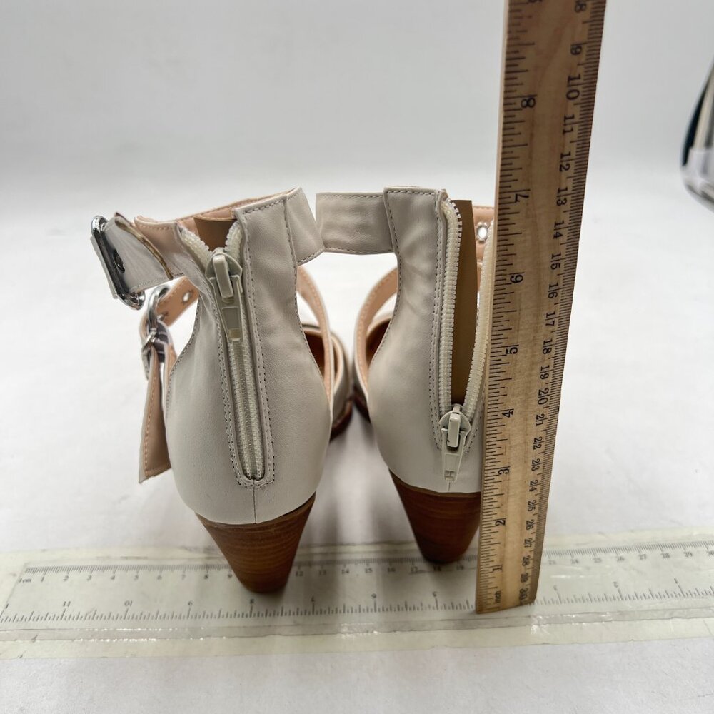 FSJ Beige Buckle Pointed Toe Chunky Heel Sandals - Picture 5 of 7